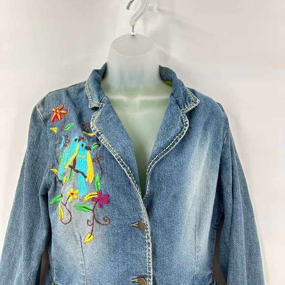 Boston Proper Womens Denim‎ Jacket Small Blazer Embroidered Birds Flowers Boho - Picture 3 of 14